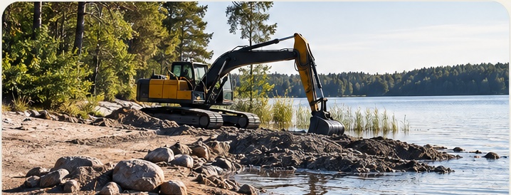 Kaivinkone ruoppaamassa rantaa