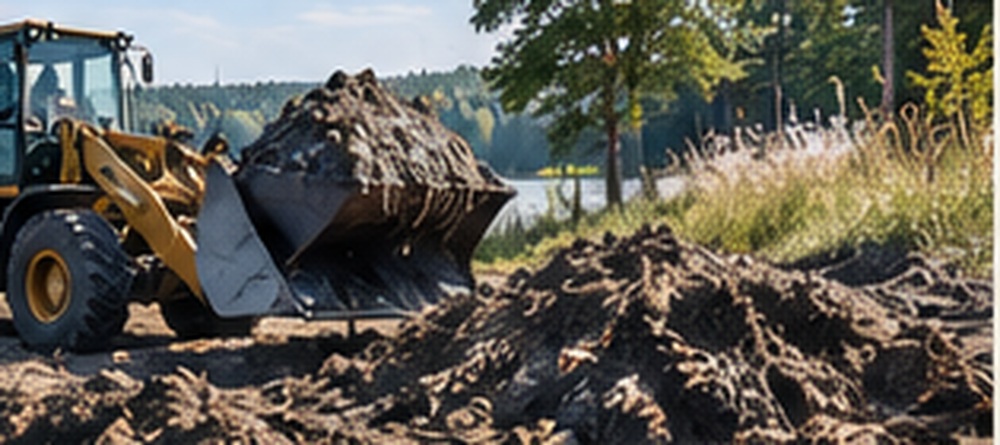 Pyöräkuormaaja siirtää ruoppausmassaa tontilla