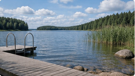 Mökkilaituri ja kaislikkoa järven rannassa